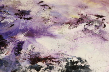 Purple black and white oil painting with flakes. Drops, lines, arrows, flowers close up. Horizontal and vertical photos. Background