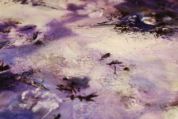 Purple black and white oil painting with flakes. Drops, lines, arrows, flowers close up. Horizontal and vertical photos. Background