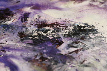 Purple black and white oil painting with flakes. Drops, lines, arrows, flowers close up. Horizontal and vertical photos. Background