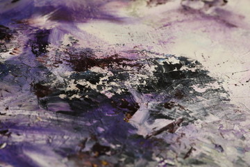 Purple black and white oil painting with flakes. Drops, lines, arrows, flowers close up. Horizontal and vertical photos. Background