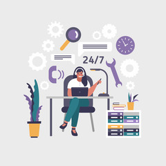 Professional operator of customer support service working on computer. Young operator of technical support at work. Concept of technical support. Vector flat design illustration.