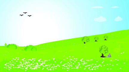 Green Landscape illustration with tree, flower, sun and birds.