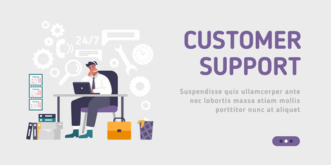 Landing page template customer and operator, online technical support 24-7 for web page. Vector illustration male hotline operator advises client. Online assistant.