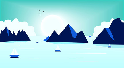 Moon light night vector illustration with mountain in lake