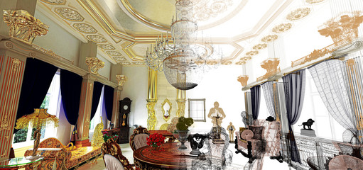 Fototapeta na wymiar Wireframe luxuriously decorated rococo style room, living room, Byzantine gold and sculptures, draft, 3d rendering, 3d illustration