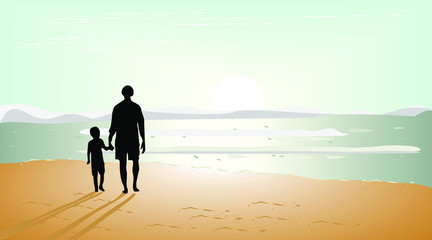 Father son walking on sea beach themed calm abstract vector illustration