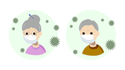 Old people pensioners grandmother and grandfather in medical mask protection from coronavirus