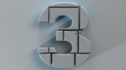 3d render white number three made from random blocks of cubes with a complex bevel on white background. Blue inner light with long shadow.