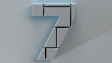 3d render white number seven made from random blocks of cubes with a complex bevel on white background. Blue inner light with long shadow.