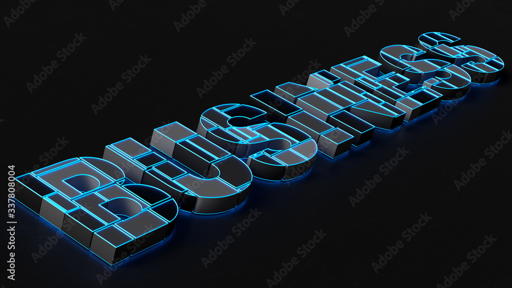 Poster 3d render gray word business made of random blocks of cubes with a blue neon stroke light on a black