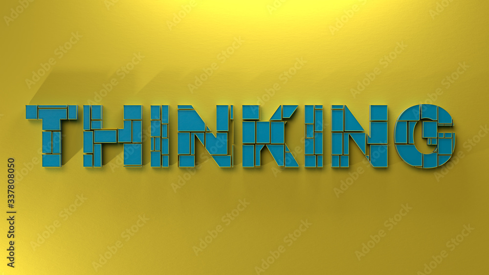 Poster 3d render blue word thinking made of random blocks of cubes with a yellow stroke on a yellow backgro