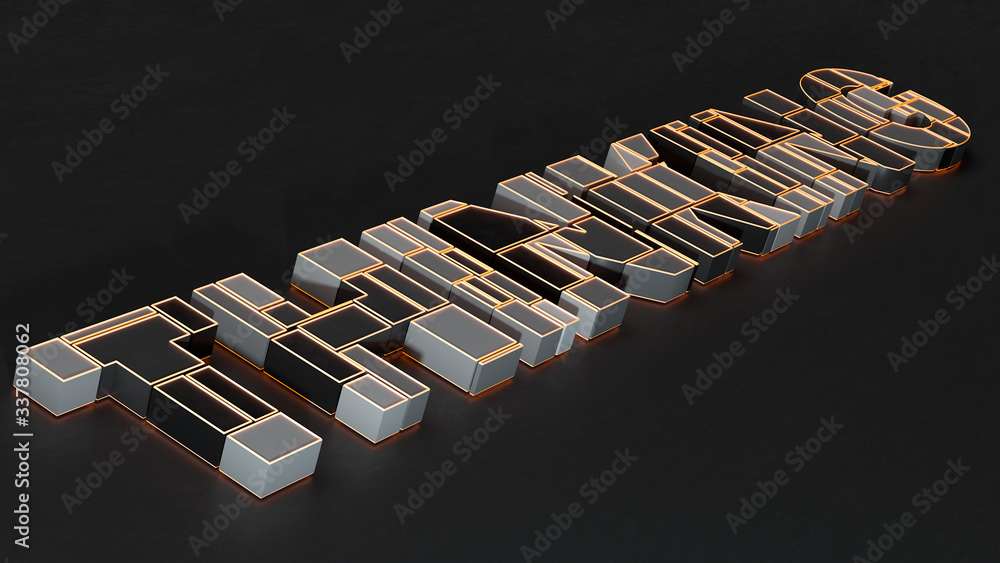 Poster 3d render gray word thinking made of random blocks of cubes with an orange neon stroke light on a bl
