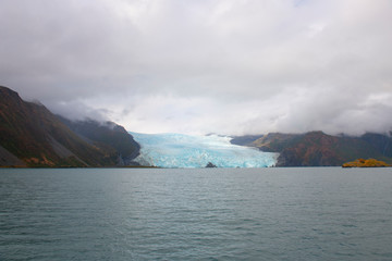 Aialik Glacier on Aialik Bay in Kenai Fjords National Park in Sep. 2019 near Seward, Alaska AK, USA.