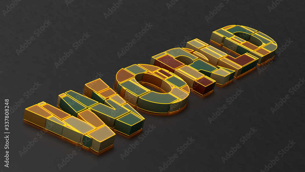 Poster 3d render colorful word world made of random blocks of cubes with a yellow neon stroke light on a bl