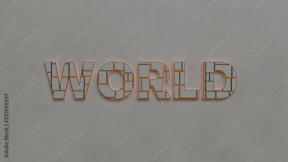 Poster 3d render white word world made of random blocks of cubes with an orange neon glow and black stroke 