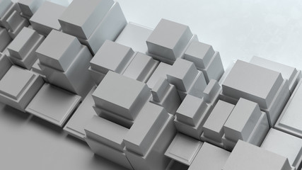 3d render white random blocks of cubes with a complex form of cups. Abstract background.