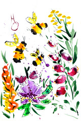 Fototapeta na wymiar The drawing is made with watercolor paints. Bees and flowers are painted on paper.
