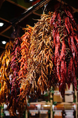 Bunch of dried peppers in the market.