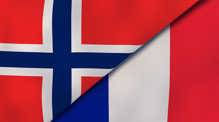 The flags of Norway and France. News, reportage, business background. 3d illustration
