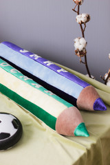 blue and green pillow pencils with names