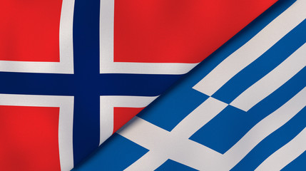 The flags of Norway and Greece. News, reportage, business background. 3d illustration