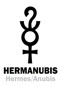 Astrology Alphabet: HERMANUBIS (Hermes+Anubis), the Greek-Egyptian syncretic deity of Truth, the conductor of souls to The Underworld. Hieroglyphic character sign (original symbol).