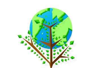 Planet earth and tree in white isolated background
