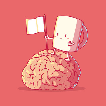 Coffee character climbing brain vector illustration. Motivation, inspiration, energy design concept	
