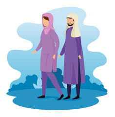 couple muslim walking avatar character vector illustration design