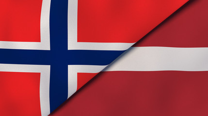 The flags of Norway and Latvia. News, reportage, business background. 3d illustration