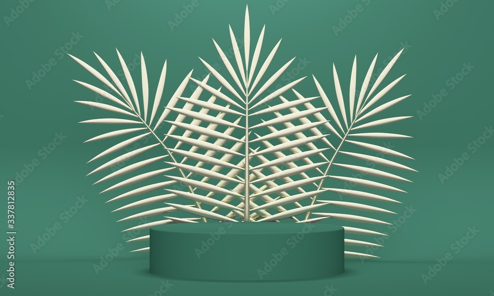 Poster geometric green abstract background with palm gold leaves and platform. 3d rendering
