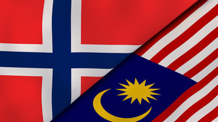 The flags of Norway and Malaysia. News, reportage, business background. 3d illustration