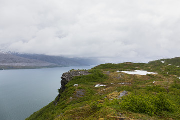 Norwegian summer landscape fjord, mountains, Norway. selective focus, Colorful morning scene in Norway.