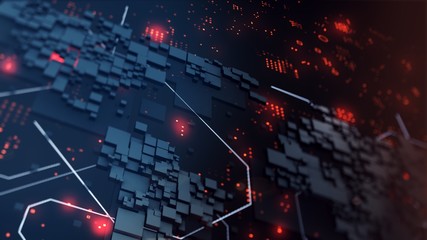 Abstract 3d rendered world map made from box blocks. Abstract infrmation, connection, internet, digital world concept.