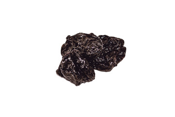 Close up view of prunes isolated on white. Heap of Prunes as background. Macro view of dried fruits.