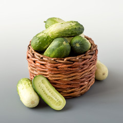 Young fresh little cucumbers in a brown wicker basket on a gray background. Selective focus.