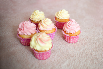 cupcakes with cream pink and yellow on a cream background