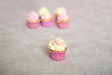 cupcakes with cream pink and yellow on a cream background