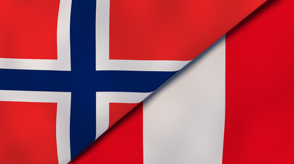 The flags of Norway and Peru. News, reportage, business background. 3d illustration