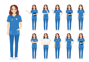Female woman nurse character set in different poses isolated vector illustartion - obrazy, fototapety, plakaty
