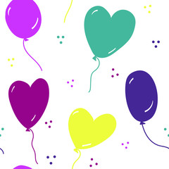 Seamless vector pattern with multicolored balloons in the shape of hearts and circles. Cute love background. Can be used as design of clothes, textiles, bed linen, stationery, packing paper, wallpaper