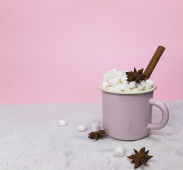 marshmallows in enameled mug with  star anise and cinnamon stick