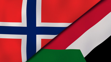The flags of Norway and Sudan. News, reportage, business background. 3d illustration