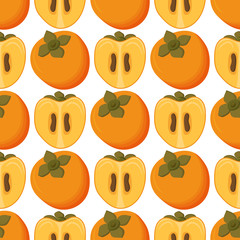 Seamless pattern of ripe juicy orange persimmon fruit on white background. Vector flat illustration.