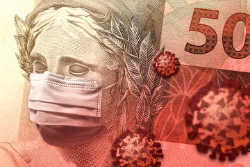 Concept for economic impact of the coronavirus pandemic. Brazilian Real - BRL currency banknote face wearing a mask besides floating viruses.