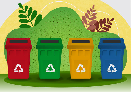 Separate collection of garbage, bright colored garbage containers for waste, plants. The concept of environment,