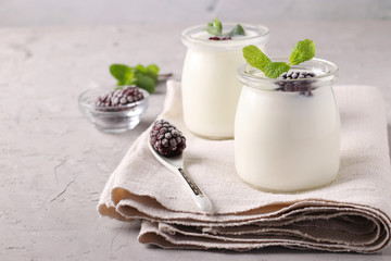 Obraz na płótnie Canvas Two portions of homemade natural organic yogurt with blackberries and mint in glass jars on a grey background, Closeup, Copy space