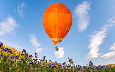Fototapeta premium Colorful balloon over floral fields with blue sky background