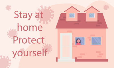 Stay home and protect yourself. Girl at home when viruses fly on the street. Sense of security. Vector. Flat cartoon style.
