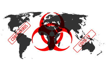 Illustration of Corona virus, Covid-19 related biohazard  sign over the world map. Concept of the world in quarantine or in danger.